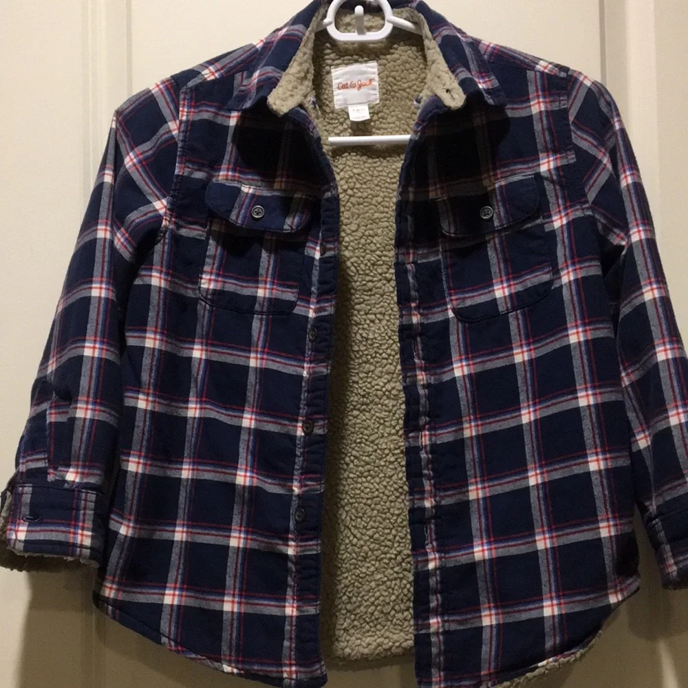 Cat & Jack plaid button down shacket jacket fleece lined comfy/cozy kids S (6/7)